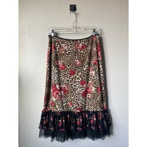 VTG Karen Kane Floral & Leopard Print Boho Artsy Midi Skirt w/ Tulle Ruffle Hem